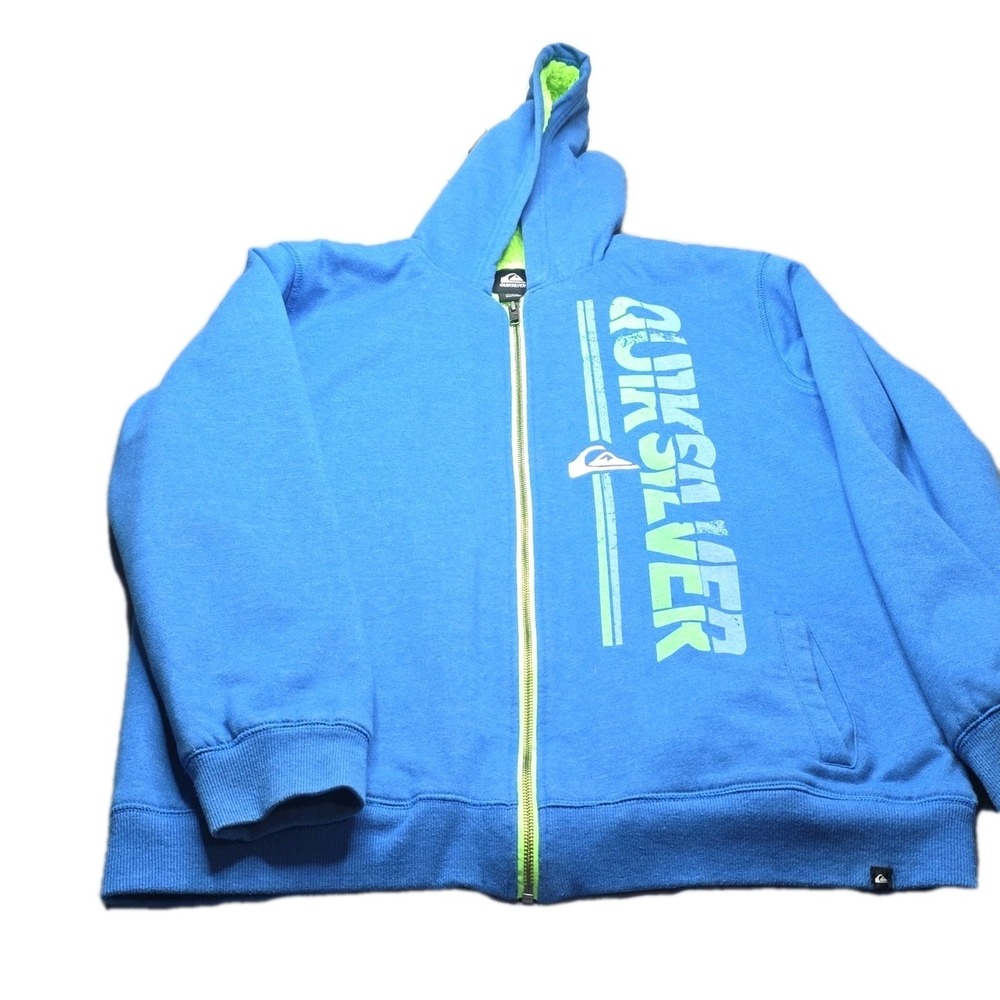 Vintage Quicksilver Hoodie Boys XL 18-20 Blue Sherpa Lined Full Zip SpellOut Log